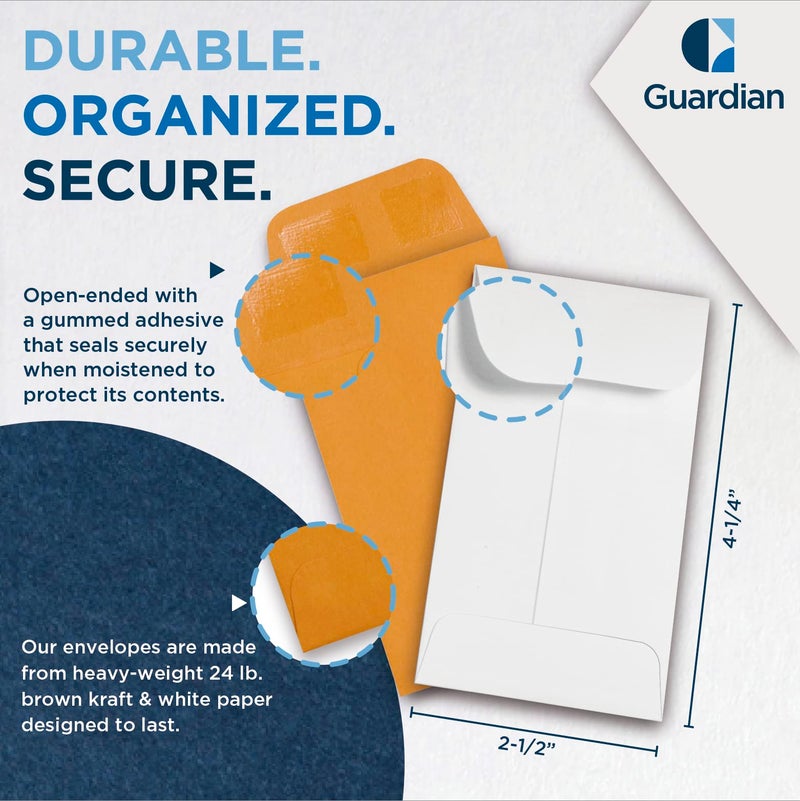 GUARDIAN 500 Guardian #3 Paper Coin Envelopes - Blank Small Envelopes for Coins, Receipts, Stamps, Small Parts Storage, & More â€“ 2-1/2â€ x 4-1/4â€ Cash Envelopes â€“ Gummed Flap Gift Card Holder Envelope - Image 3